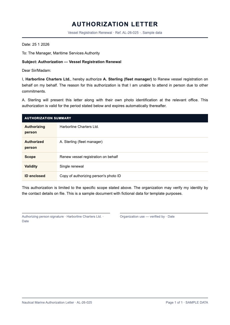Nautical marine authorization letter